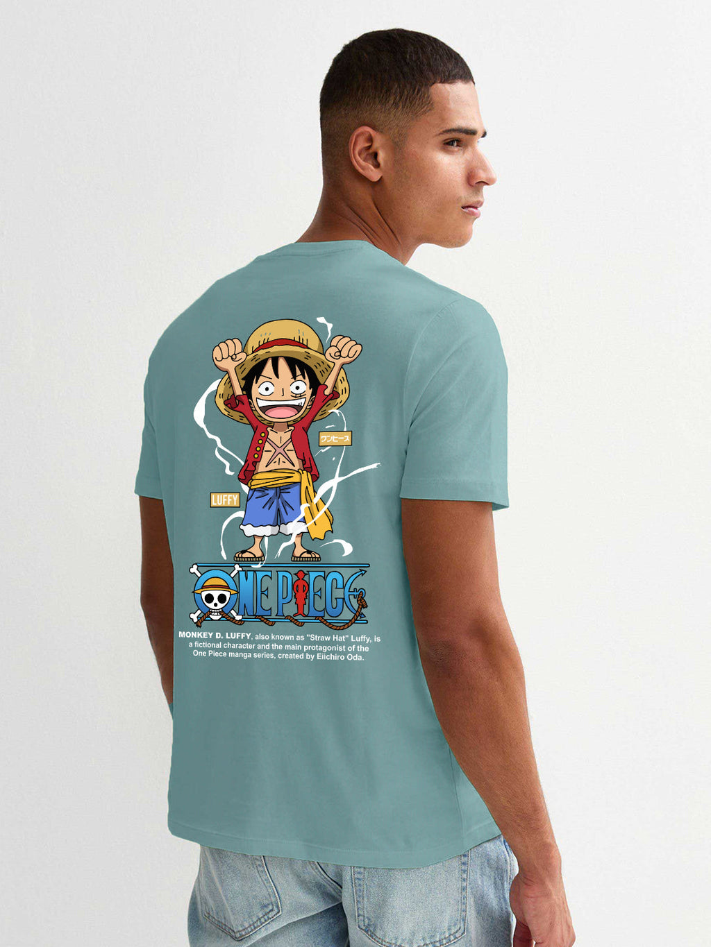 Luffy One Piece Men Regular Fit Mint Green Half Sleeve T-Shirt