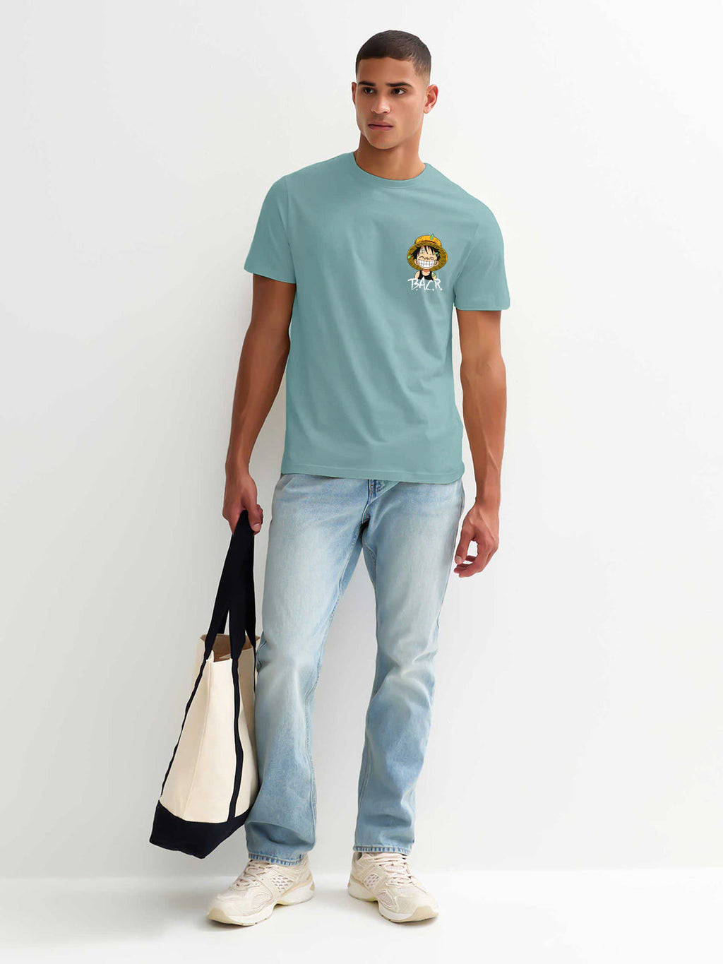 Luffy One Piece Men Regular Fit Mint Green Half Sleeve T-Shirt