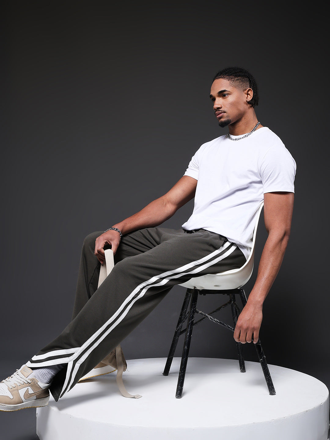 Men Premium Terry Jogger with Side Stripes - Olive Green