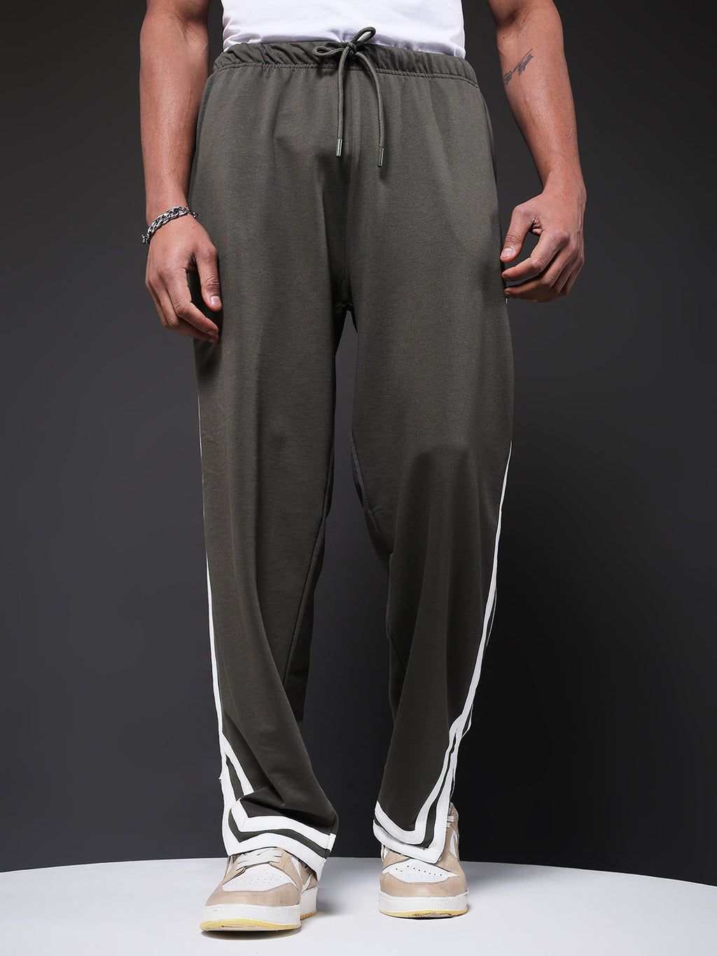 Men Premium Terry Jogger with Side Stripes - Olive Green