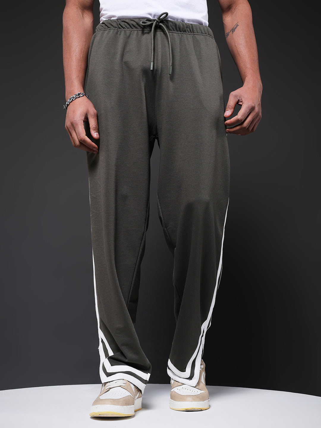 Men Premium Terry Jogger with Side Stripes - Olive Green