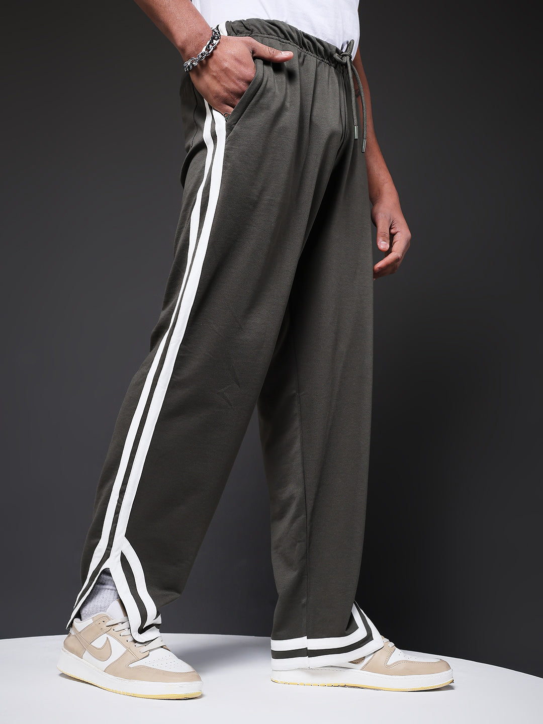 Men Premium Terry Jogger with Side Stripes - Olive Green