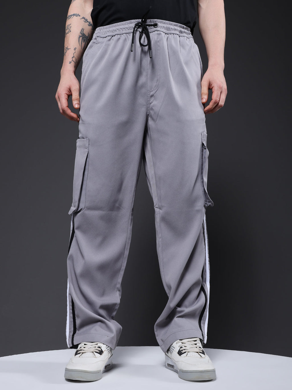 Men Striped Cargo Joggers - Ash Grey