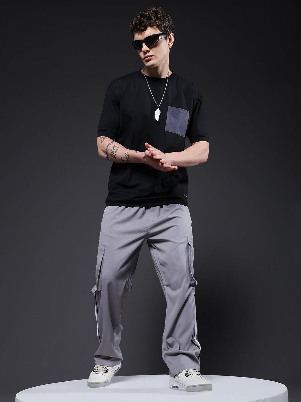 Men Striped Cargo Joggers - Ash Grey