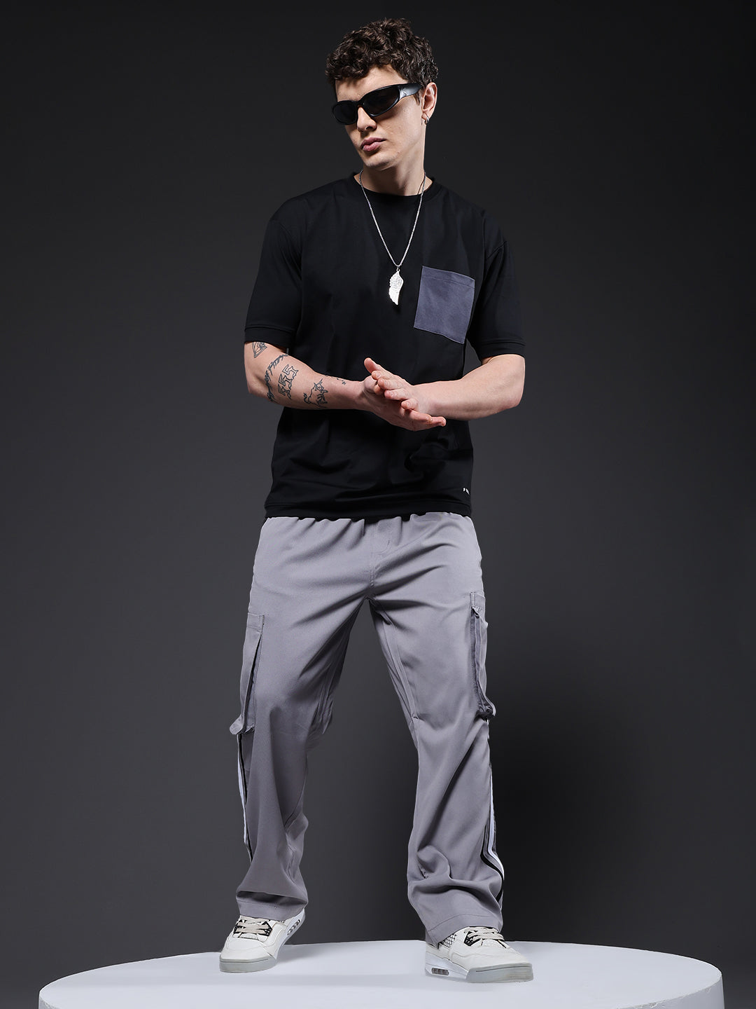 Men Striped Cargo Joggers - Ash Grey