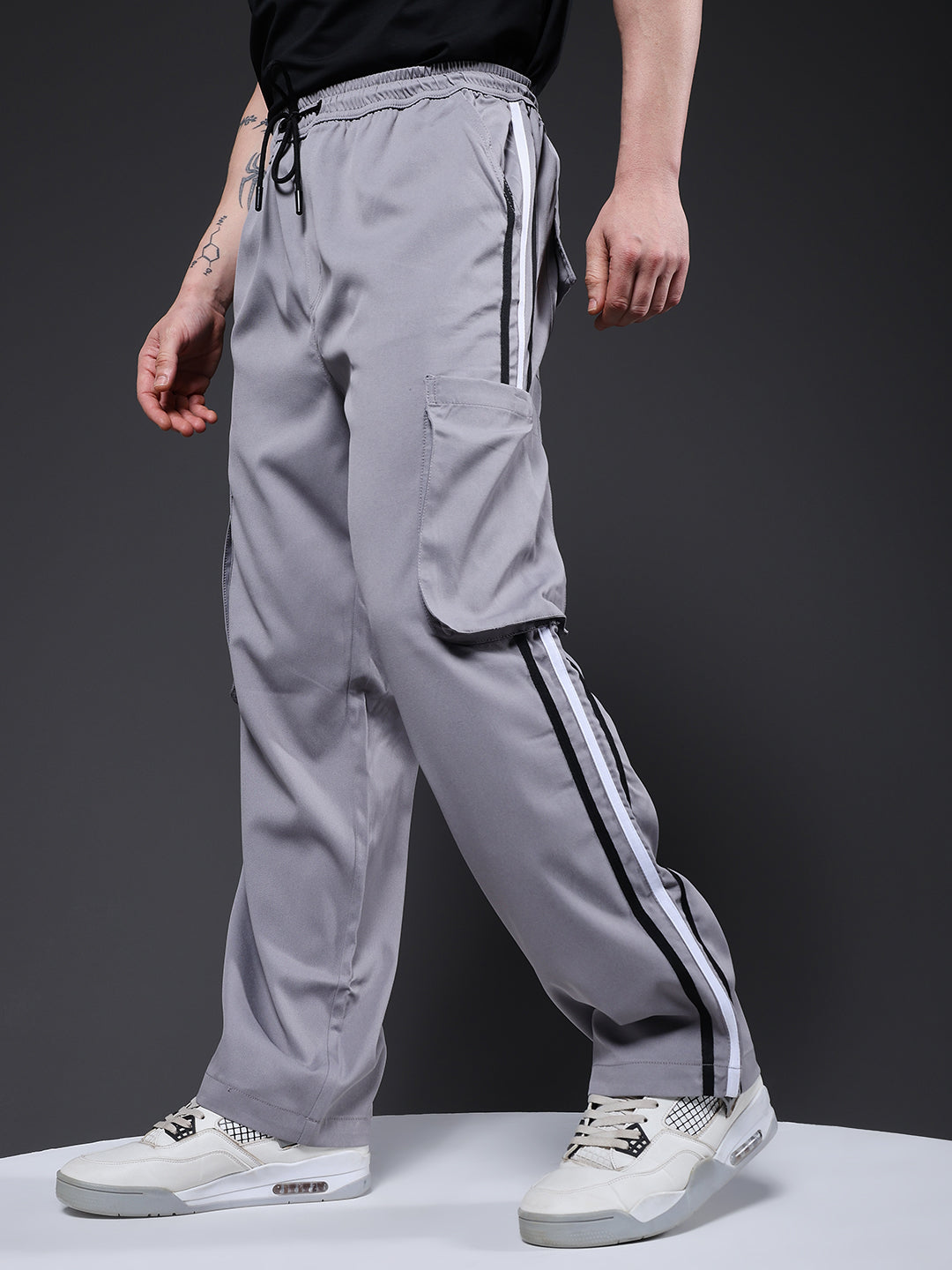 Men Striped Cargo Joggers - Ash Grey