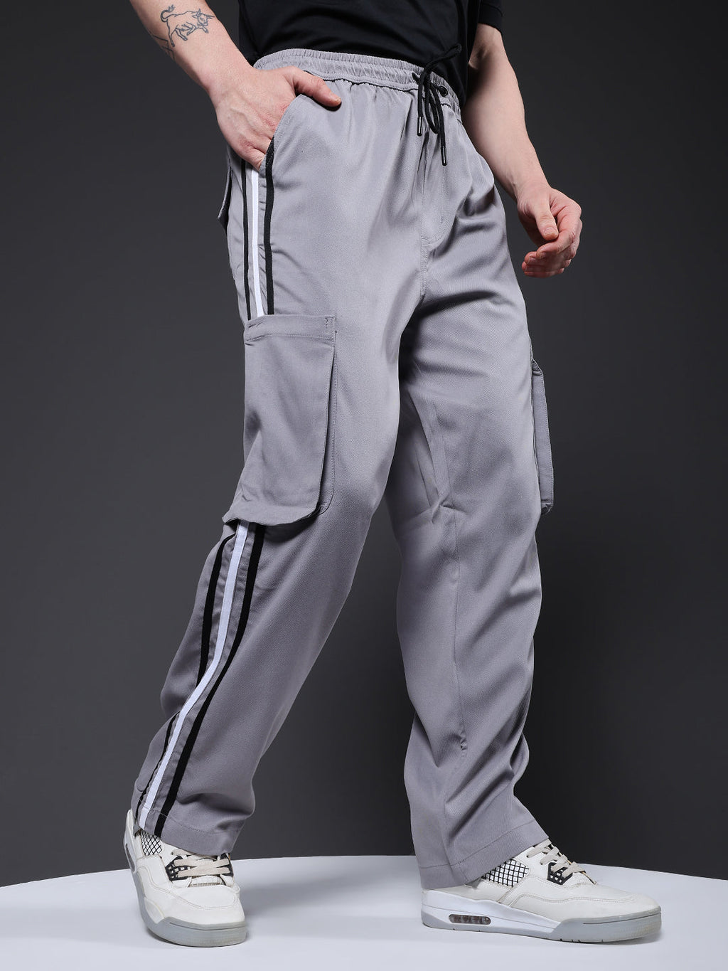 Men Striped Cargo Joggers - Ash Grey
