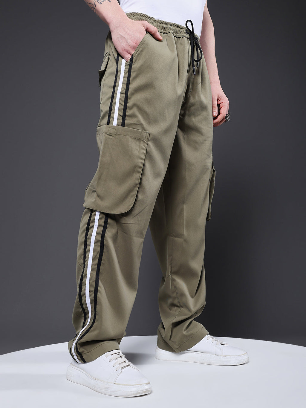 Men Striped Cargo Joggers - Olive Green