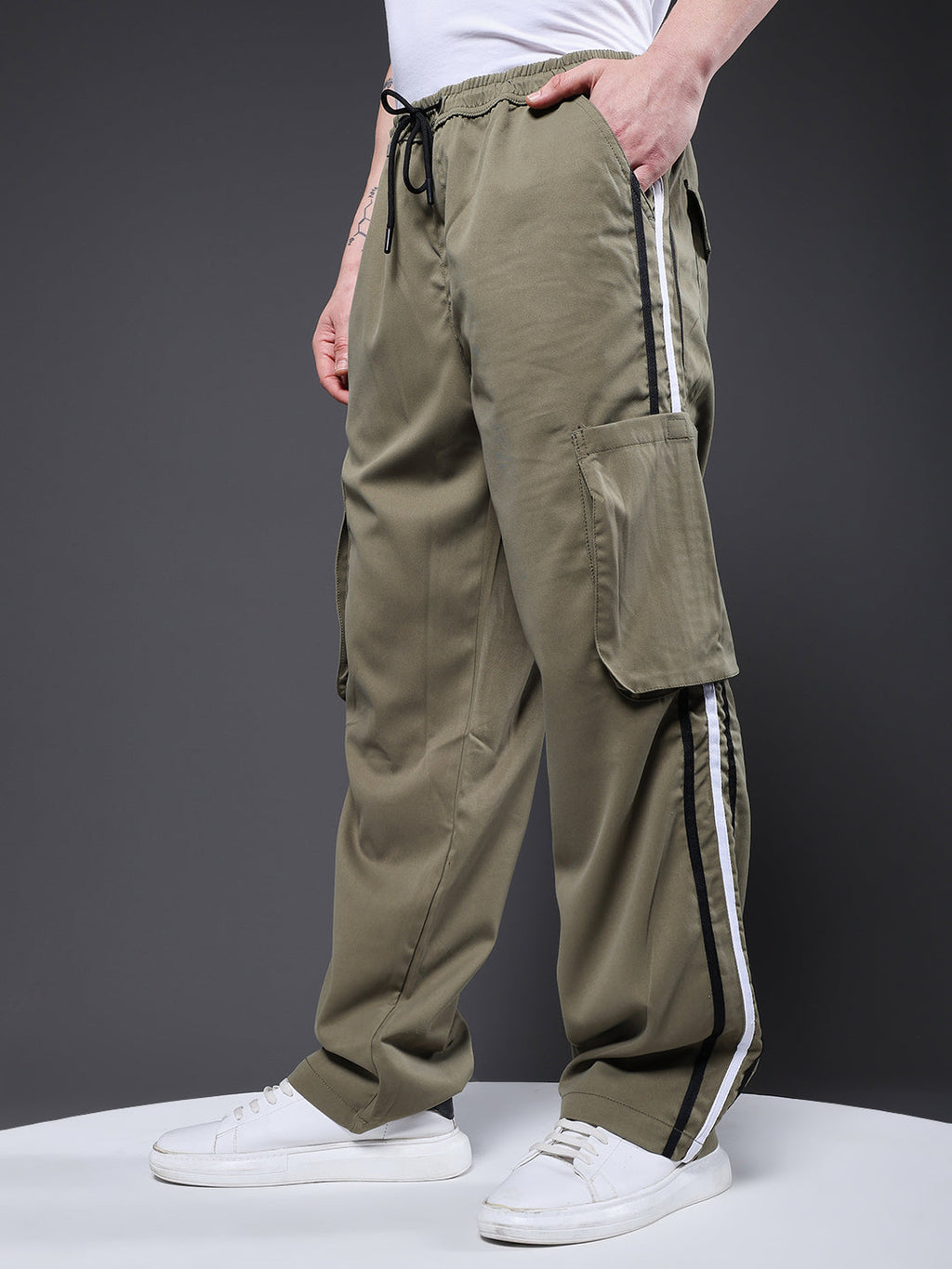 Men Striped Cargo Joggers - Olive Green