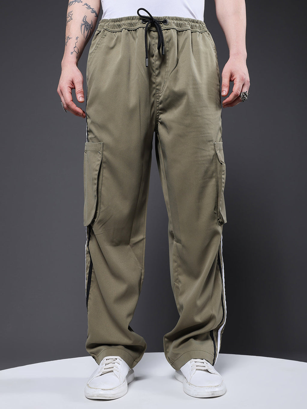 Men Striped Cargo Joggers - Olive Green