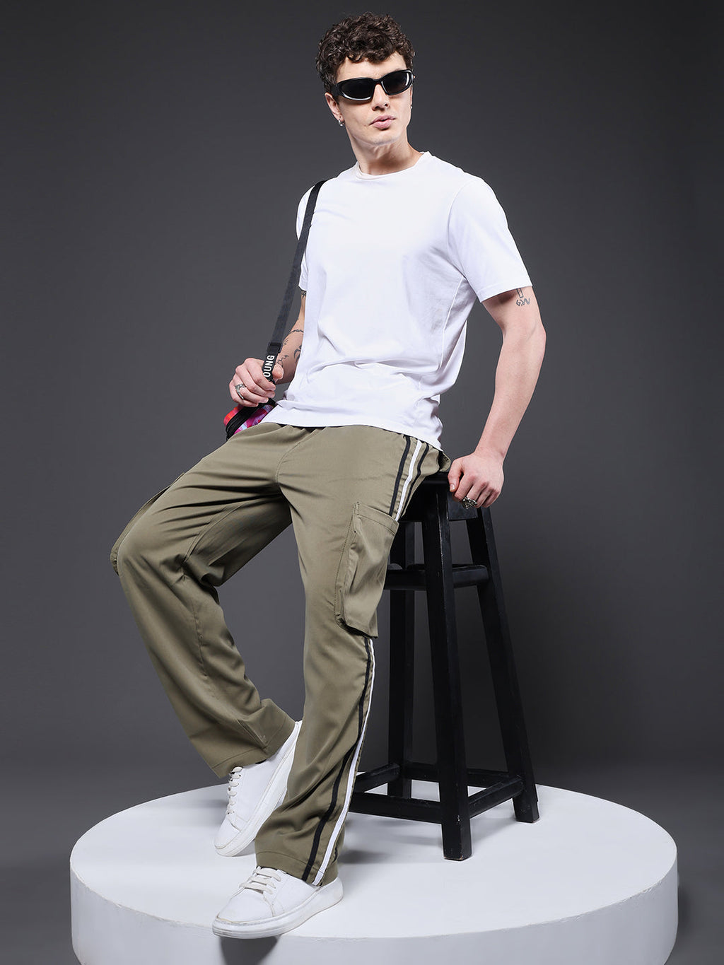Men Striped Cargo Joggers - Olive Green