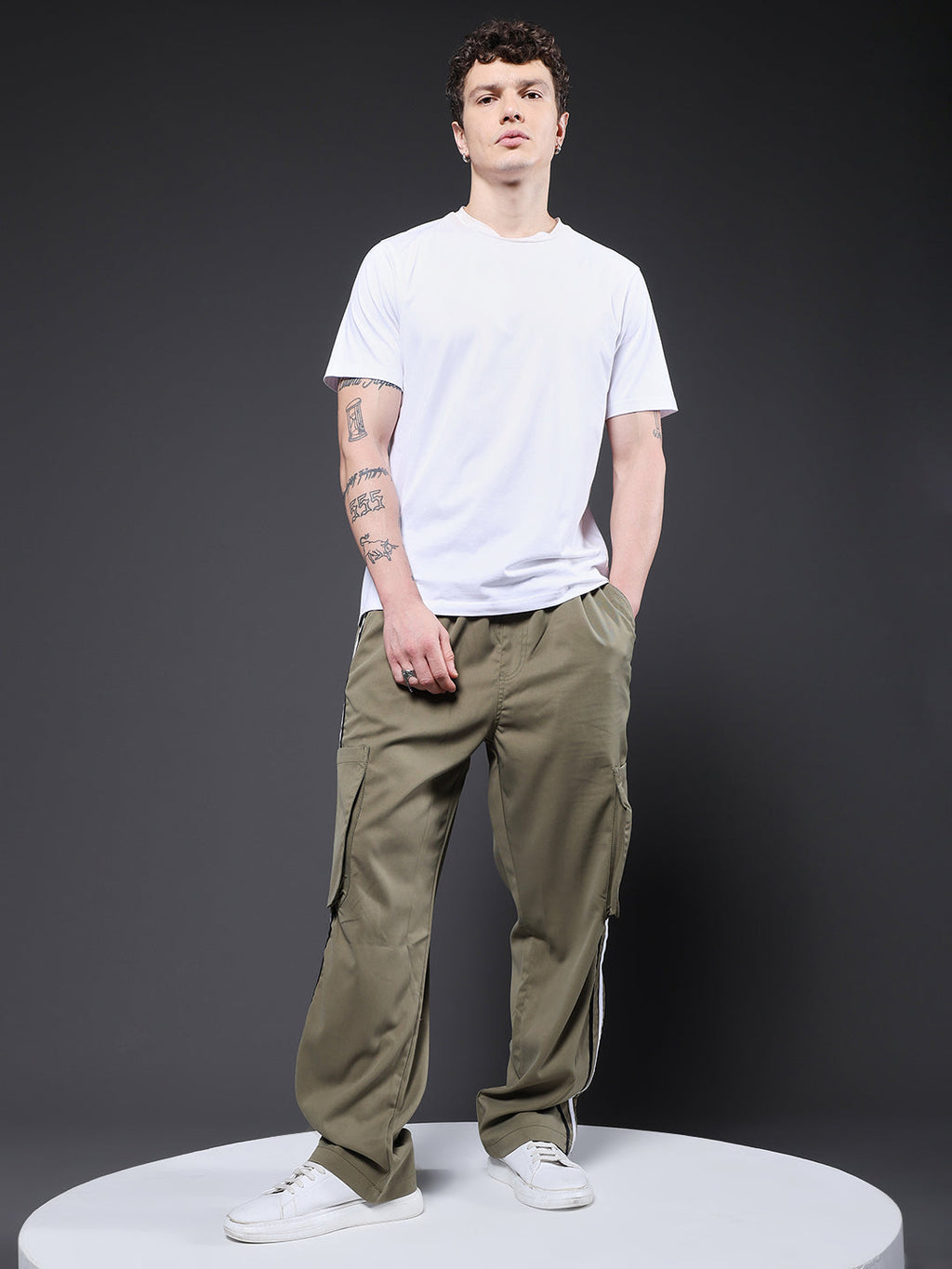 Men Striped Cargo Joggers - Olive Green